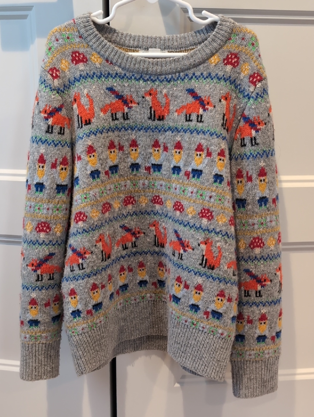 Crewcuts Gray Fair Isle Crewneck Sweater with Fox & Gnome Motifs